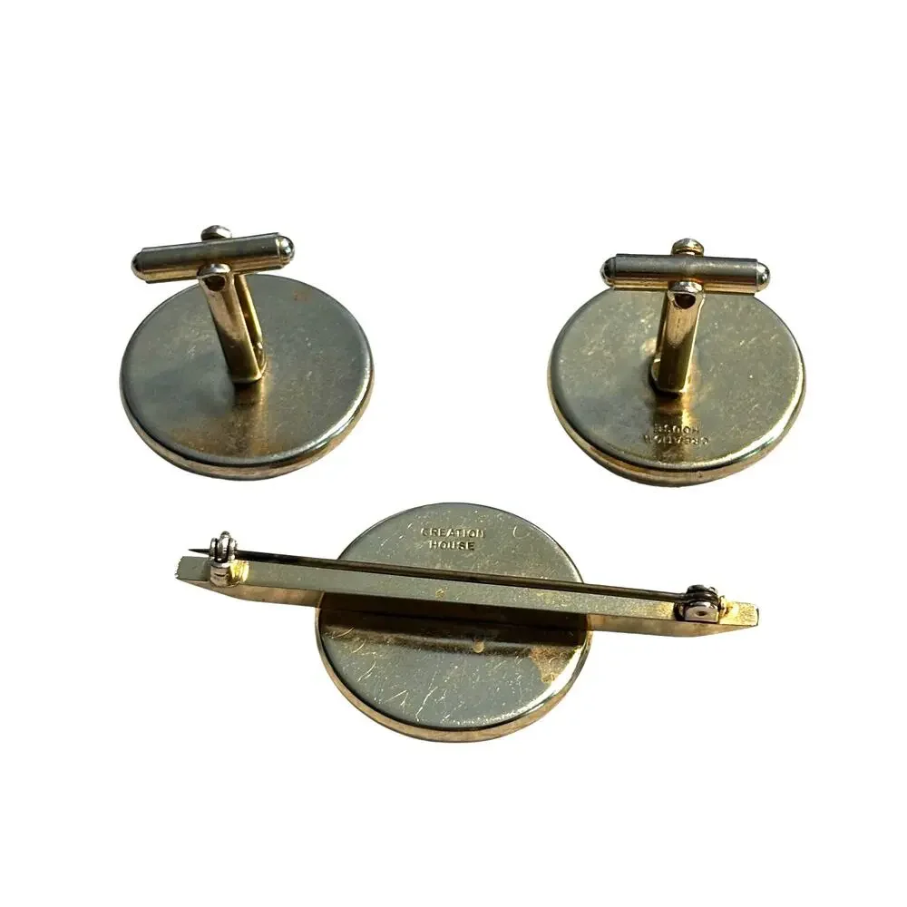 Vintage Creation House jewelry set men's cufflinks & pin black enamel gold leaf